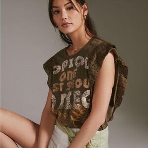 ANTHROPOLOGIE Pilcro Ruffled Sleeve Tunic Tee Moss Green Size XL NEW